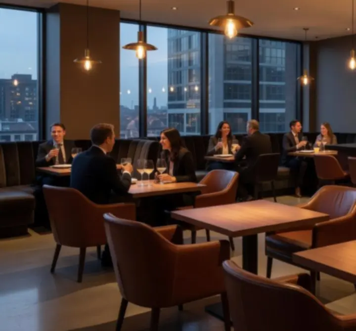 Nowoczesne, nastrojowe wnętrze restauracji Acevera Club z oświetleniem w stylu nightlife.