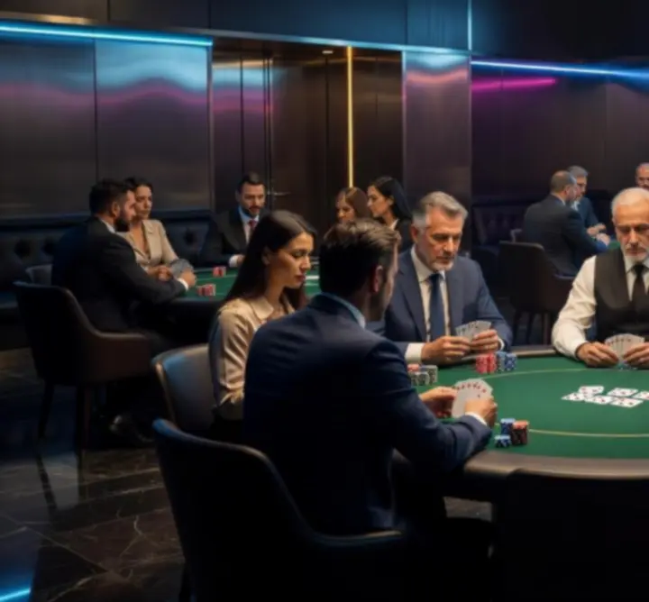 Sala turniejowa Acevera Club z graczami przy stołach pokerowych