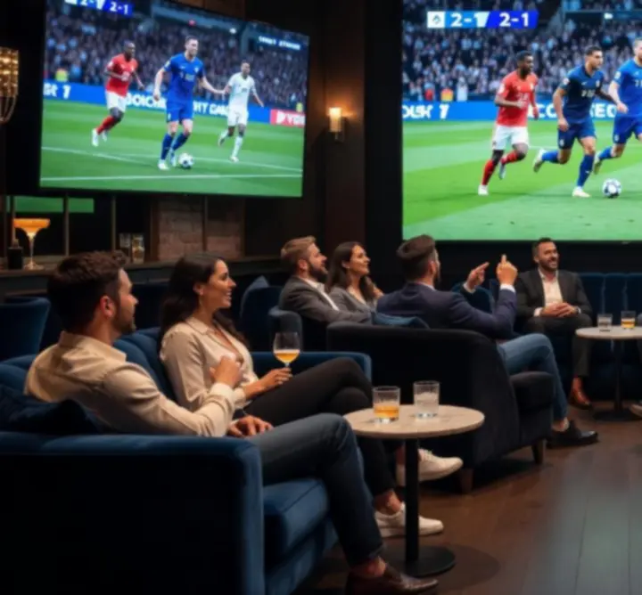 Strefa sportowa w Acevera Club z dużymi ekranami transmitującymi wydarzenia sportowe.